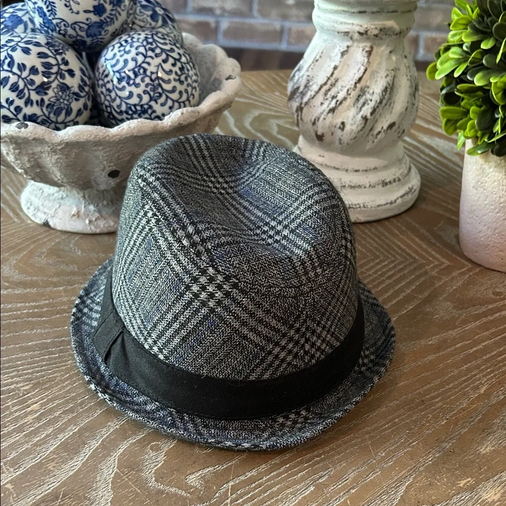 Boys Stylish Black Gray & Blue Plaid Fedora Hat 7/8